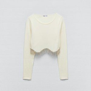 Zara Seamless Rhinestone Crop Top Long Sleeve in Cream/White - Size L